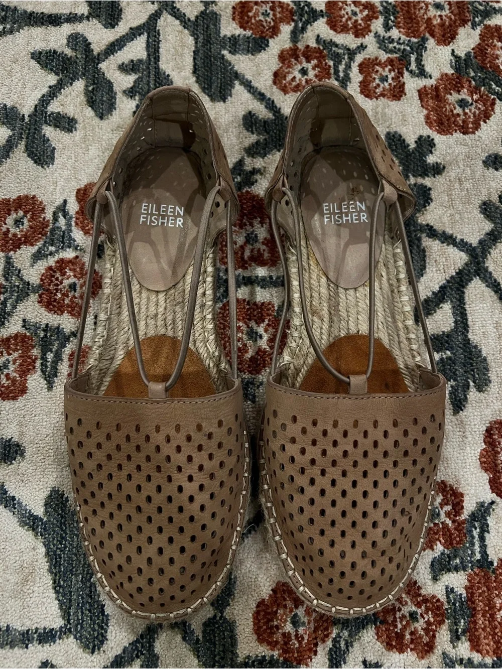 Eileen Fisher Tan Perforated Leather Espadrille Slingback Flats
